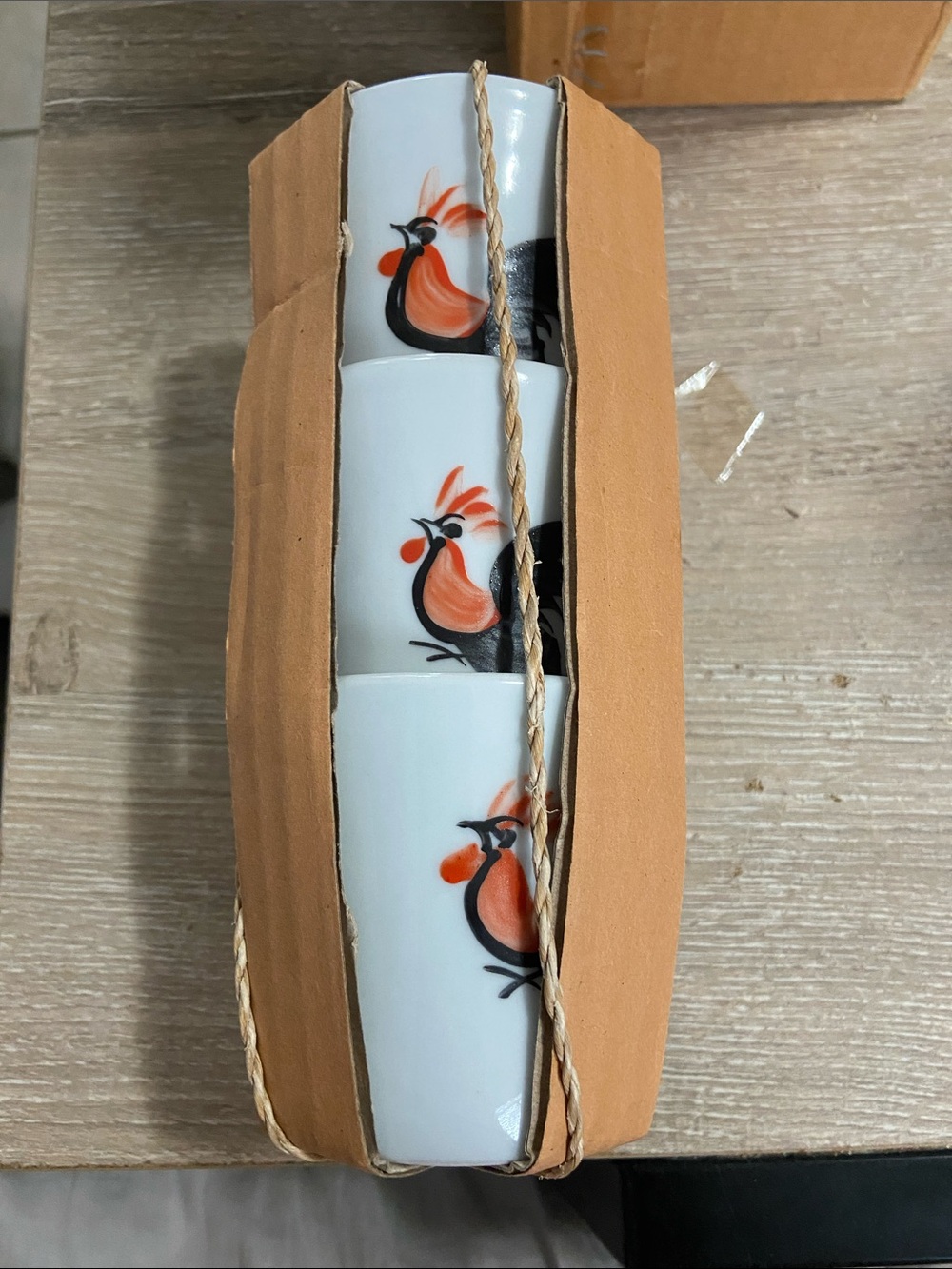 Vintage White Ceramic Cup Set of 3 with Hand-painted Orange Rooster Accent